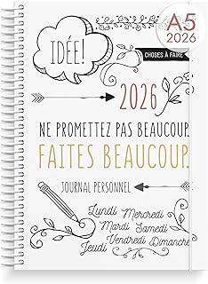 Burde Doodle A5 2026, Agenda A5 à Spirales – Organiseur Compact & Élégant, Planning Scolaire & Professionnel Daté, Journal Hebdomadaire, Couverture Rigide
